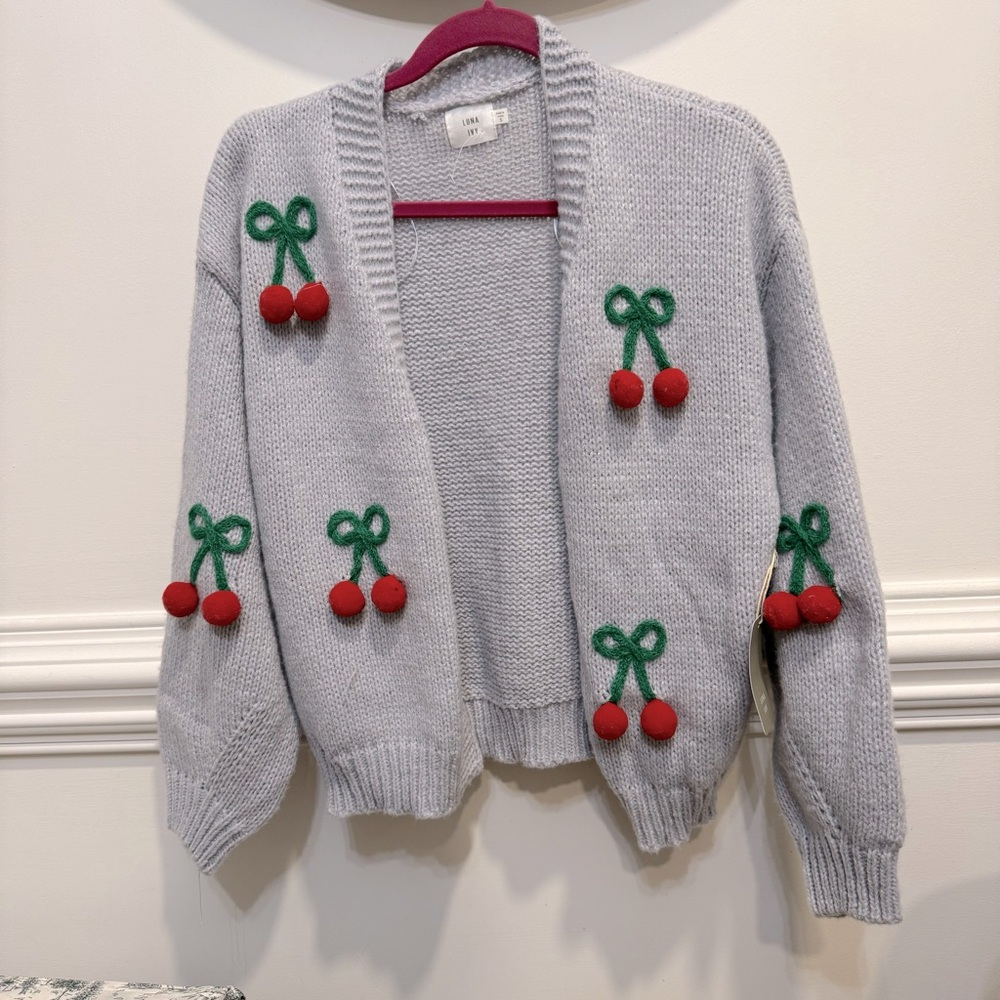 Luna Ivy Women's Pink Cardigan Sweater Cherry Embellishments Open Front - Picture 2 of 6